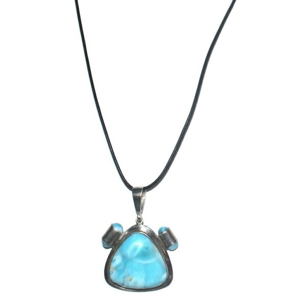 Rare High Quality Aqua Blue Larimar Stone Sterling Silver Pendant Cord Necklace - Picture 6 of 7
